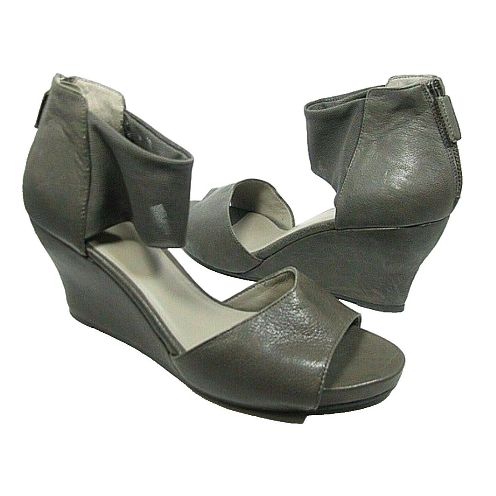 EILEEN FISHER CORONA gray leather Open Toe Platform Wedge Sandals sz 10 new